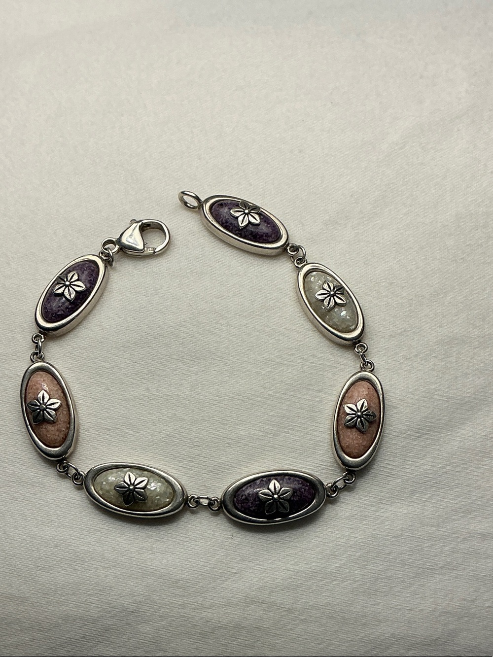 Vintage  Sterling Silver Southwestern Multi-Stone Floral Link Bracelet 7 inch
